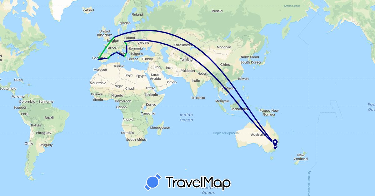 TravelMap itinerary: driving, bus in Austria, Australia, Czech Republic, Spain, France, Croatia, Italy, Netherlands, Portugal (Europe, Oceania)