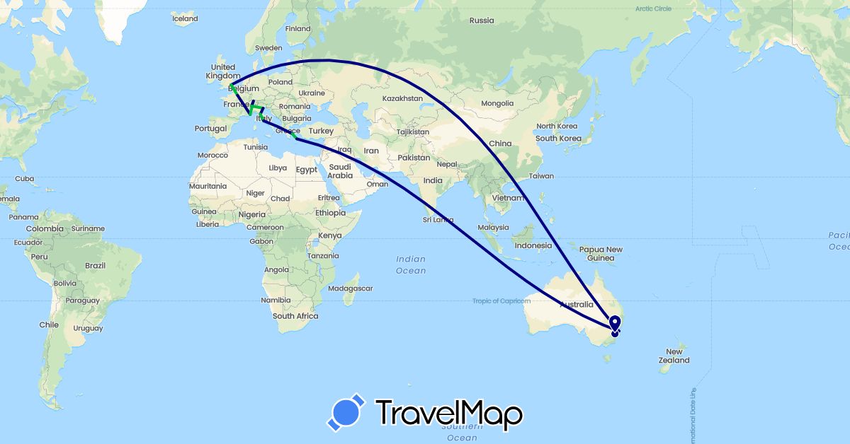 TravelMap itinerary: driving, bus in Australia, Switzerland, France, United Kingdom, Greece, Italy (Europe, Oceania)